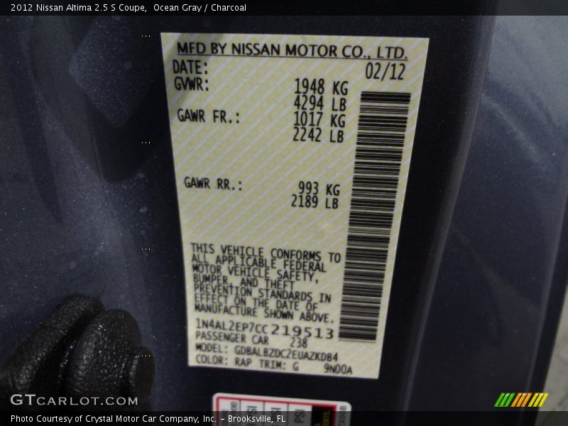 Ocean Gray / Charcoal 2012 Nissan Altima 2.5 S Coupe