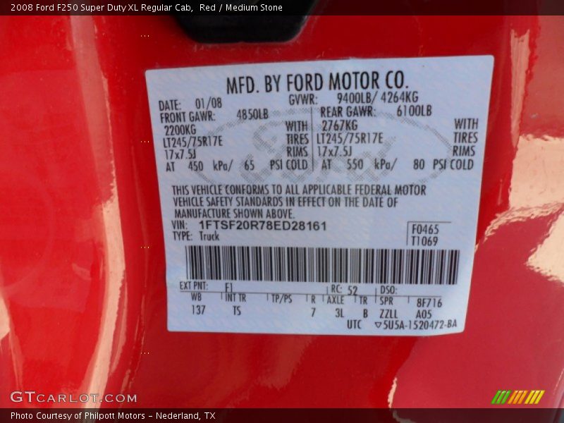 2008 F250 Super Duty XL Regular Cab Red Color Code F1