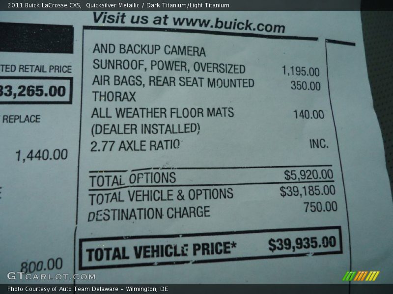  2011 LaCrosse CXS Window Sticker