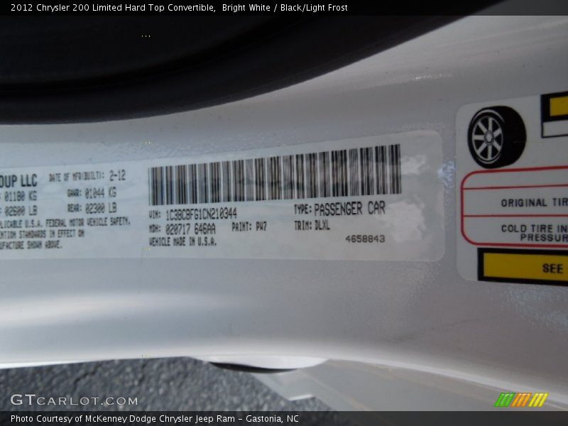 2012 200 Limited Hard Top Convertible Bright White Color Code PW7