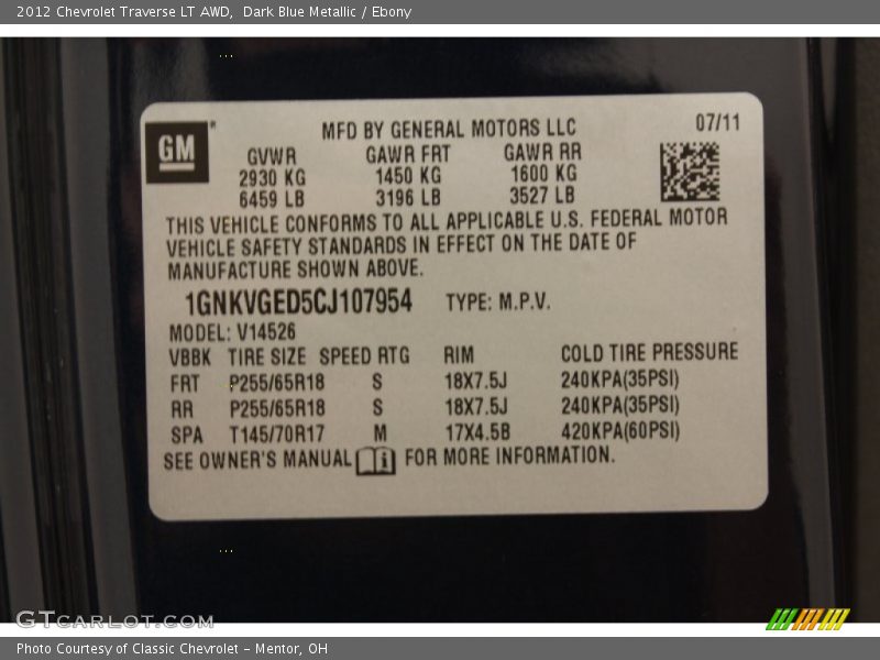 Dark Blue Metallic / Ebony 2012 Chevrolet Traverse LT AWD