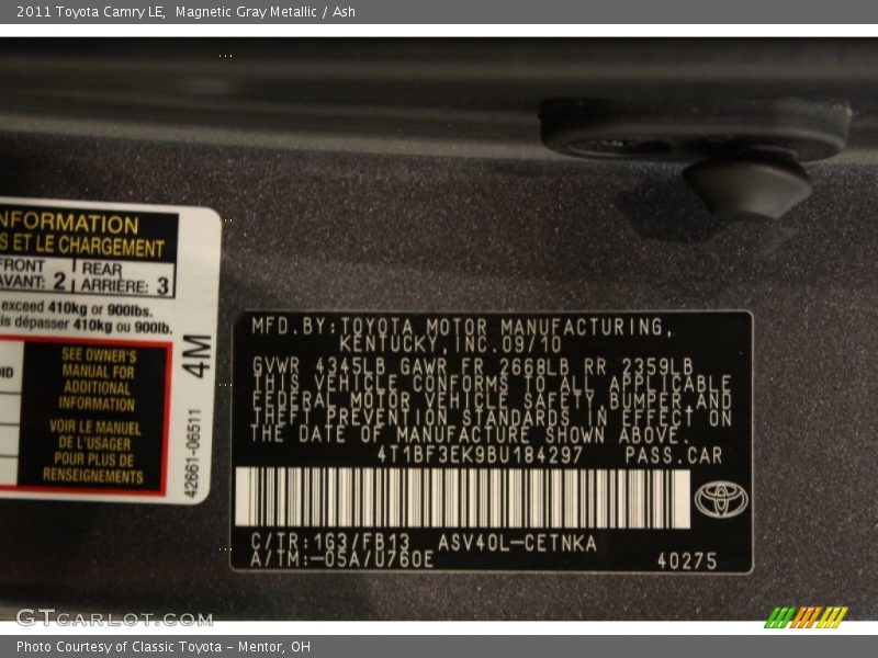 Magnetic Gray Metallic / Ash 2011 Toyota Camry LE