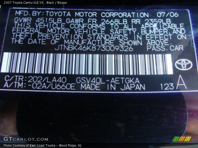 Black / Bisque 2007 Toyota Camry XLE V6