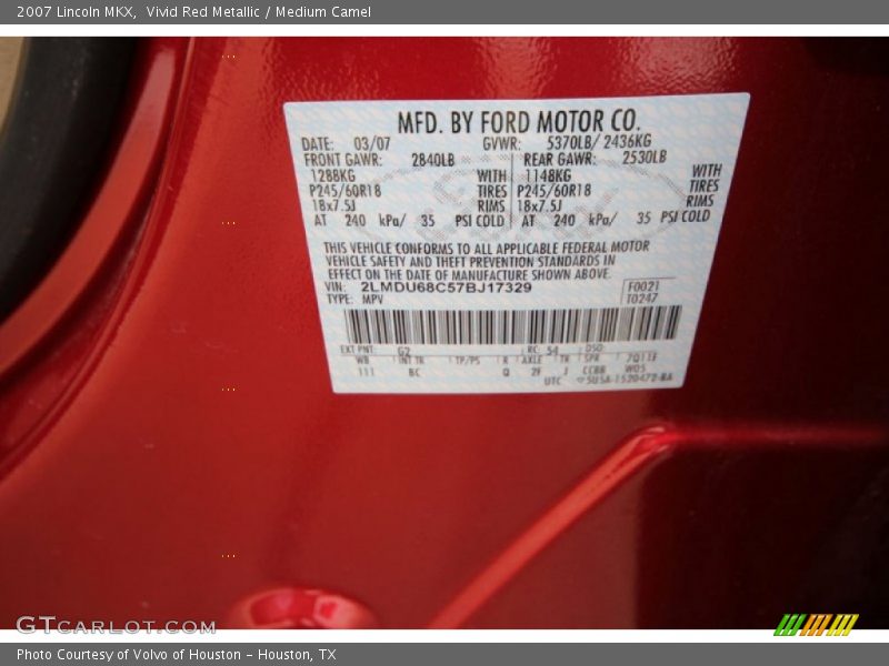 2007 MKX  Vivid Red Metallic Color Code G2