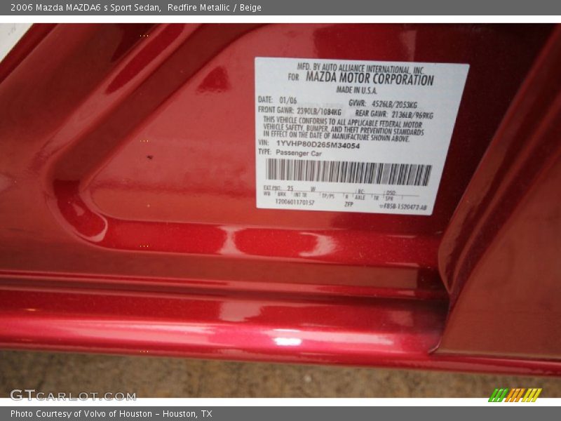 2006 MAZDA6 s Sport Sedan Redfire Metallic Color Code 25W