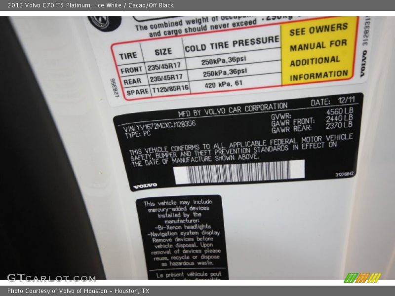 Info Tag of 2012 C70 T5 Platinum