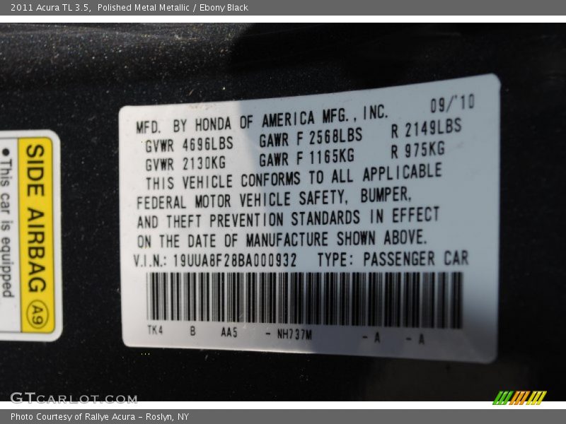 Polished Metal Metallic / Ebony Black 2011 Acura TL 3.5