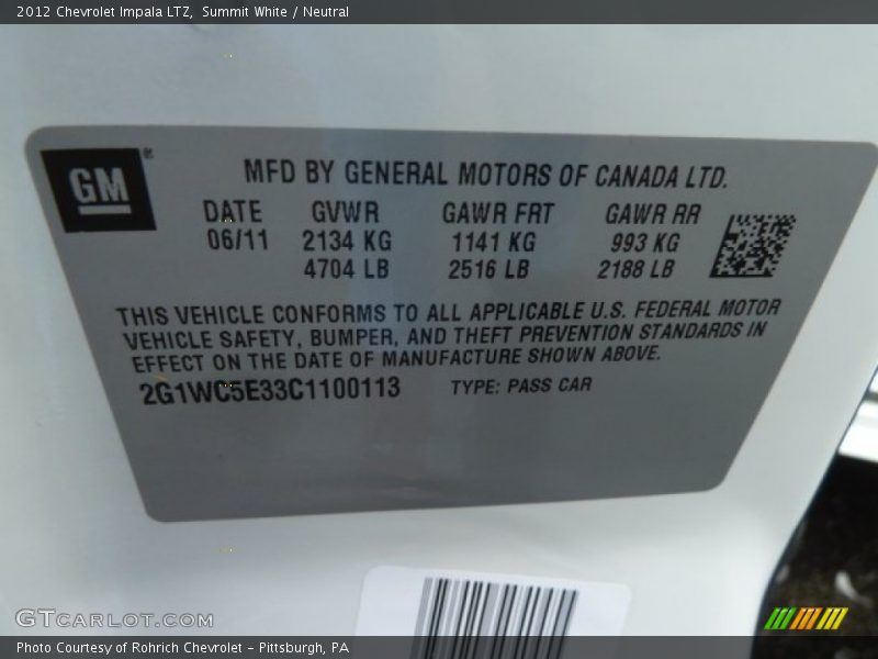 Summit White / Neutral 2012 Chevrolet Impala LTZ