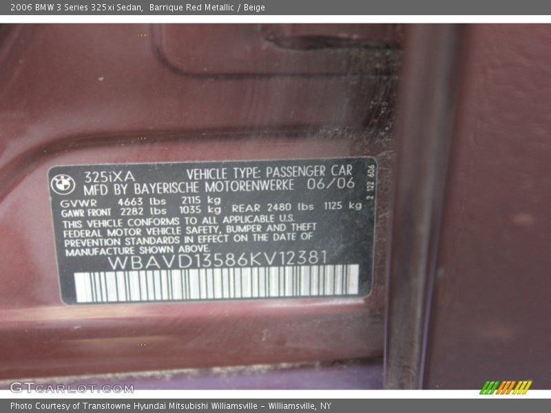 Info Tag of 2006 3 Series 325xi Sedan