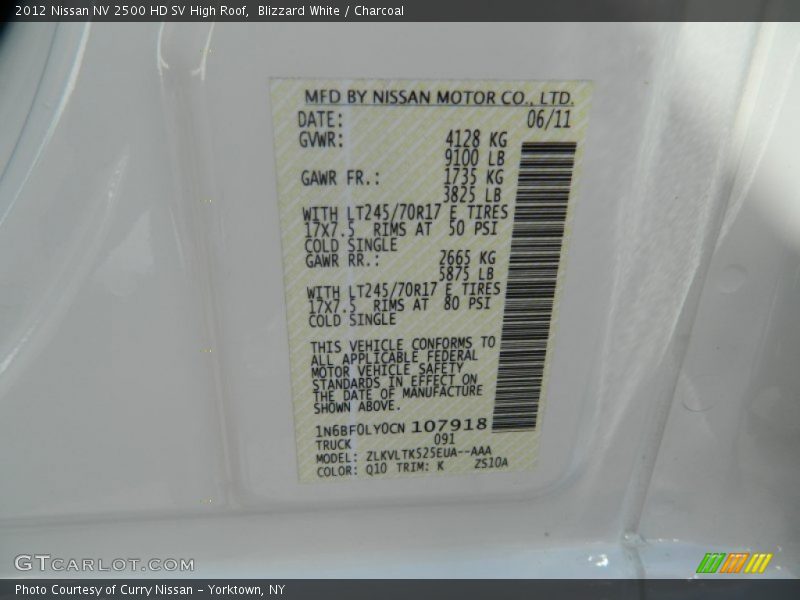 2012 NV 2500 HD SV High Roof Blizzard White Color Code Q10