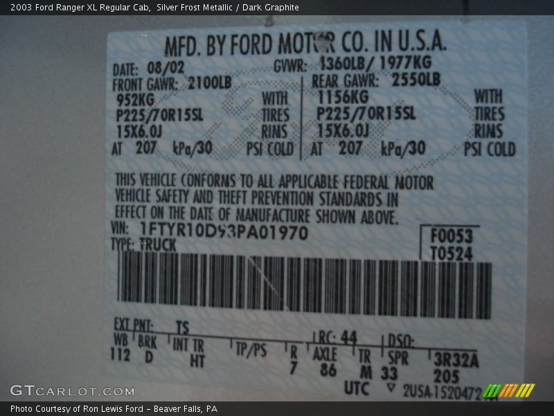 2003 Ranger XL Regular Cab Silver Frost Metallic Color Code TS
