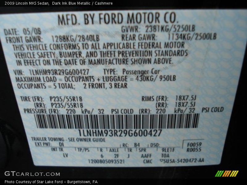 Dark Ink Blue Metallic / Cashmere 2009 Lincoln MKS Sedan