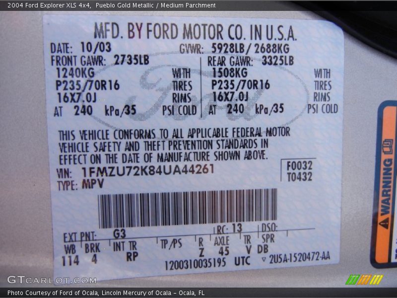 2004 Explorer XLS 4x4 Pueblo Gold Metallic Color Code G3