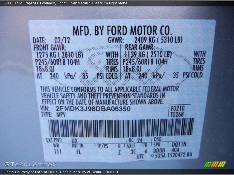 2013 Edge SEL EcoBoost Ingot Silver Metallic Color Code UX