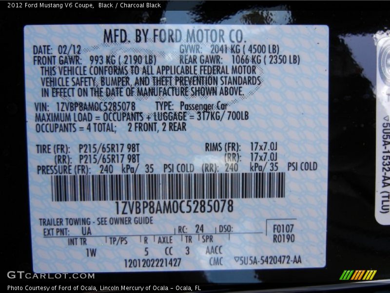 Black / Charcoal Black 2012 Ford Mustang V6 Coupe