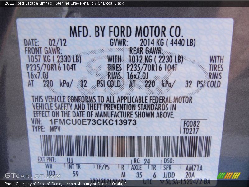 Sterling Gray Metallic / Charcoal Black 2012 Ford Escape Limited