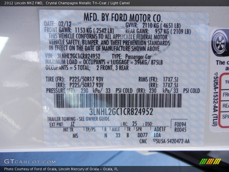 Crystal Champagne Metallic Tri-Coat / Light Camel 2012 Lincoln MKZ FWD