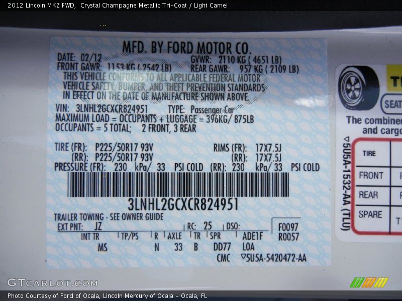 Crystal Champagne Metallic Tri-Coat / Light Camel 2012 Lincoln MKZ FWD