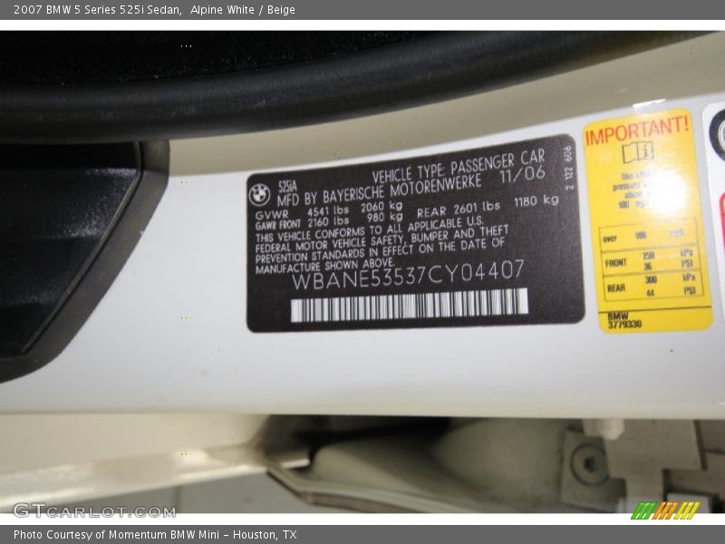 Alpine White / Beige 2007 BMW 5 Series 525i Sedan