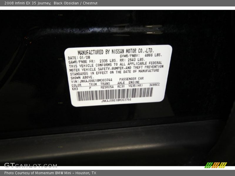 2008 EX 35 Journey Black Obsidian Color Code KH3