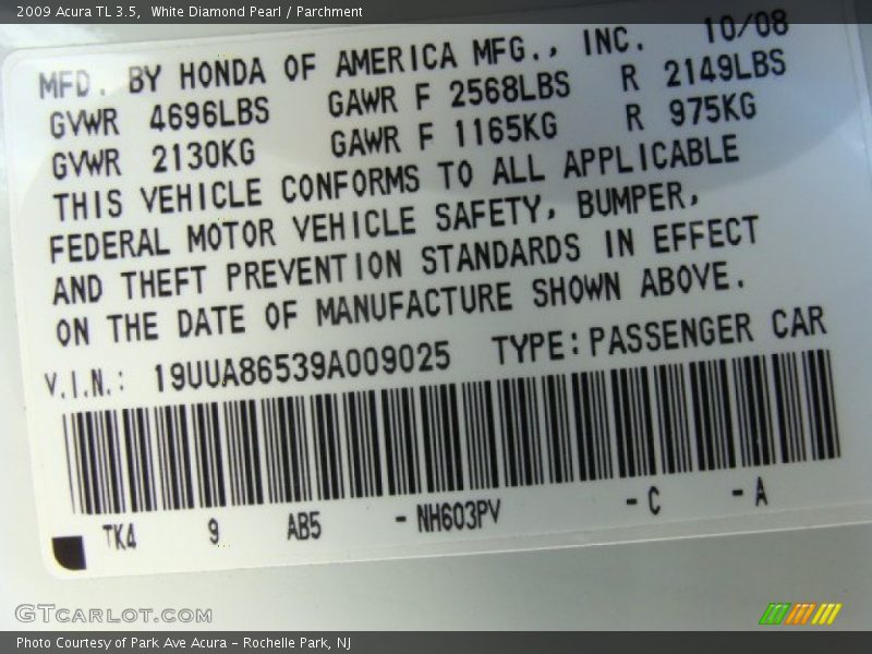 White Diamond Pearl / Parchment 2009 Acura TL 3.5