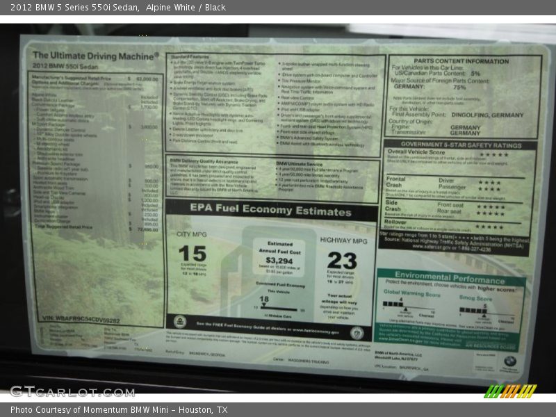  2012 5 Series 550i Sedan Window Sticker