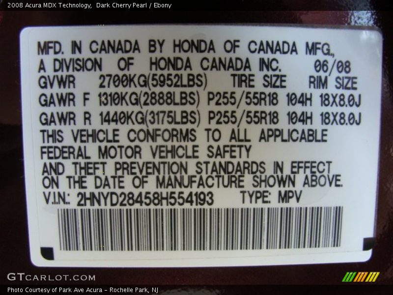 Dark Cherry Pearl / Ebony 2008 Acura MDX Technology