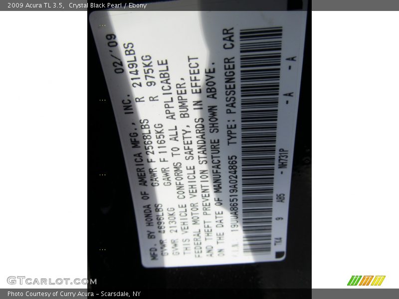 Crystal Black Pearl / Ebony 2009 Acura TL 3.5