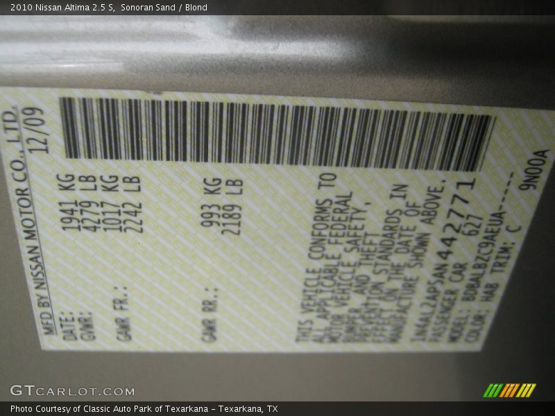 2010 Altima 2.5 S Sonoran Sand Color Code HAB