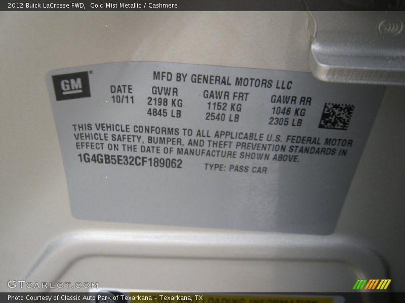 Gold Mist Metallic / Cashmere 2012 Buick LaCrosse FWD