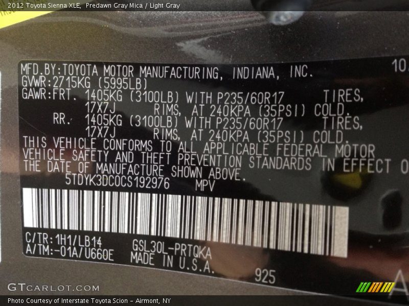 Predawn Gray Mica / Light Gray 2012 Toyota Sienna XLE