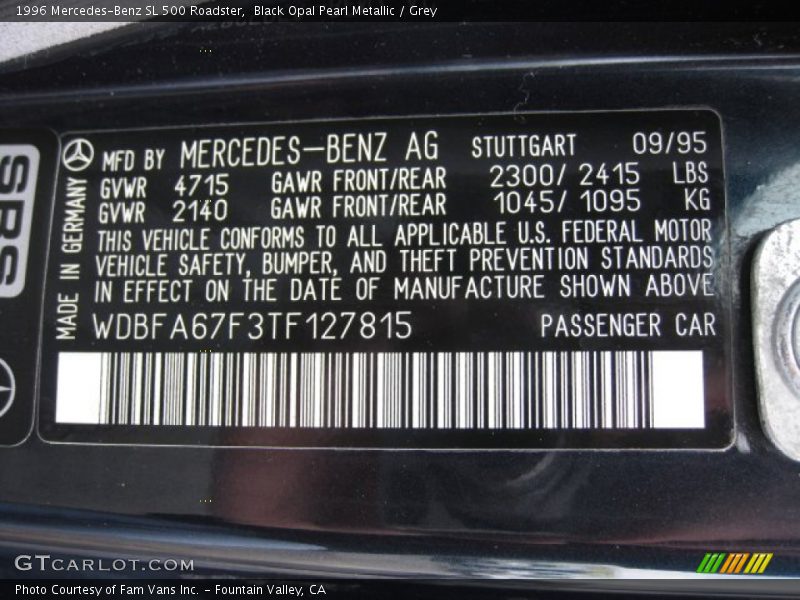 Info Tag of 1996 SL 500 Roadster