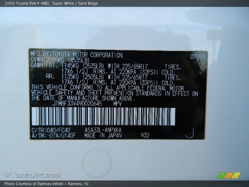 Super White / Sand Beige 2009 Toyota RAV4 4WD