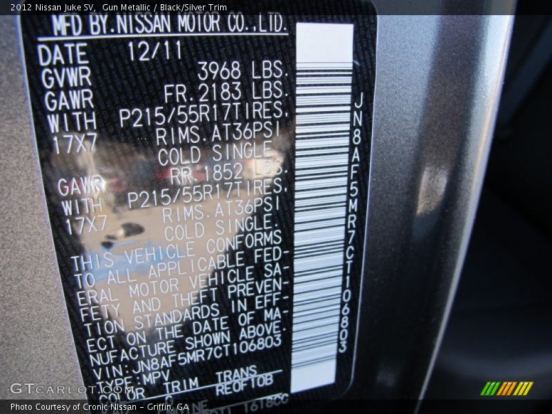 Gun Metallic / Black/Silver Trim 2012 Nissan Juke SV
