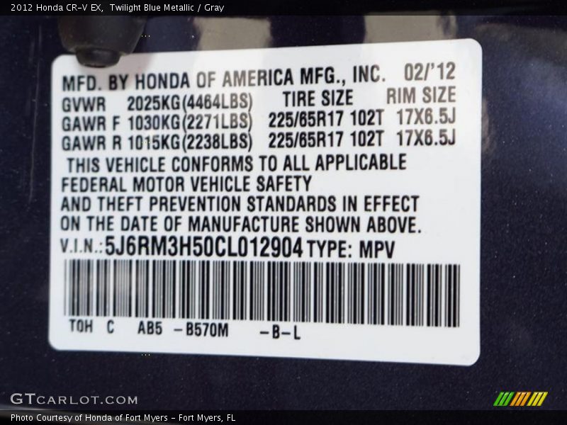 2012 CR-V EX Twilight Blue Metallic Color Code B570M