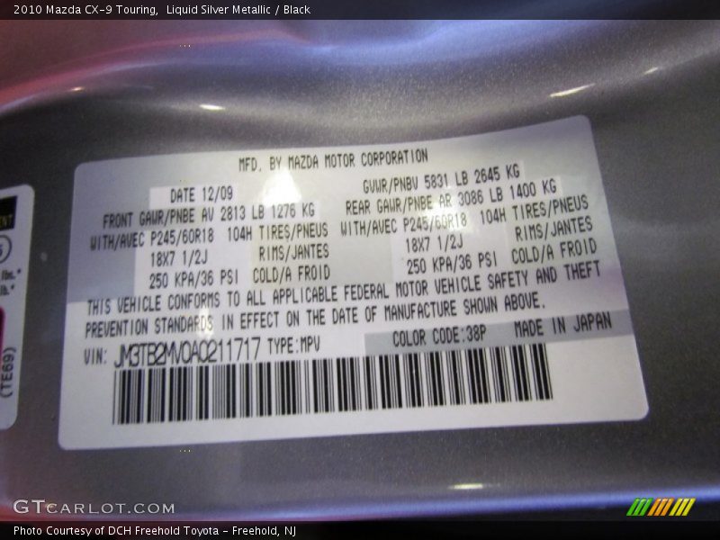 2010 CX-9 Touring Liquid Silver Metallic Color Code 38P