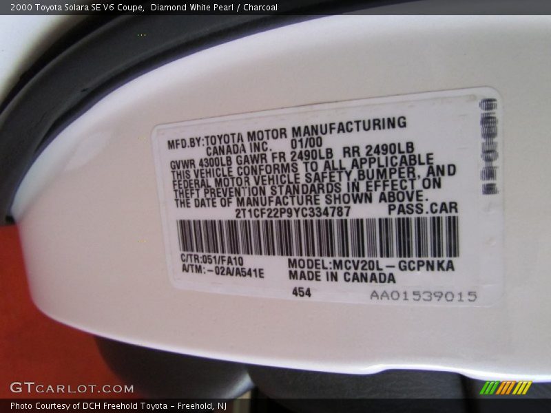 Diamond White Pearl / Charcoal 2000 Toyota Solara SE V6 Coupe