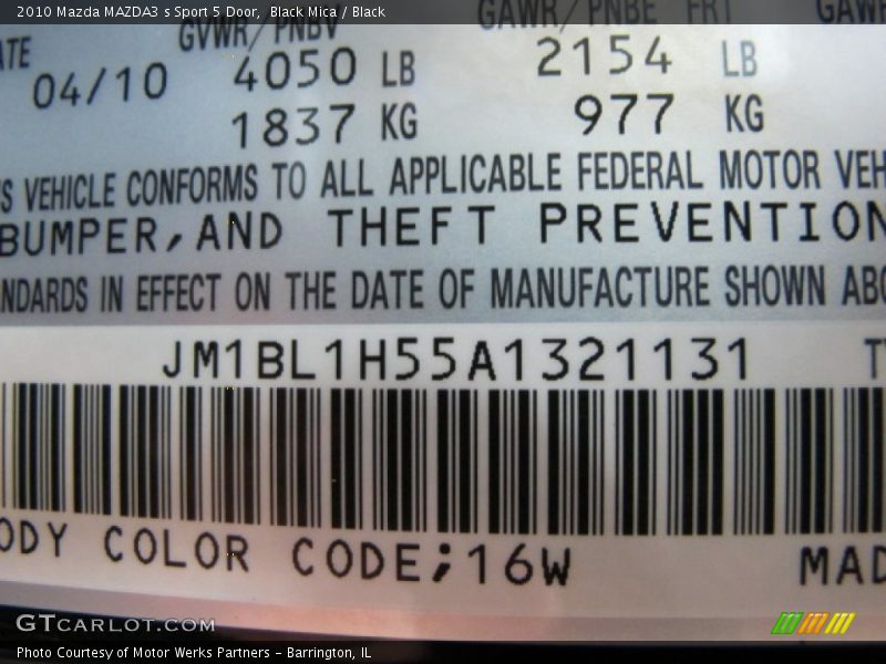 2010 MAZDA3 s Sport 5 Door Black Mica Color Code 16W