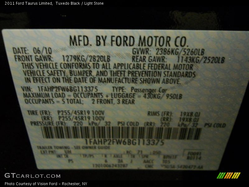 2011 Taurus Limited Tuxedo Black Color Code UH