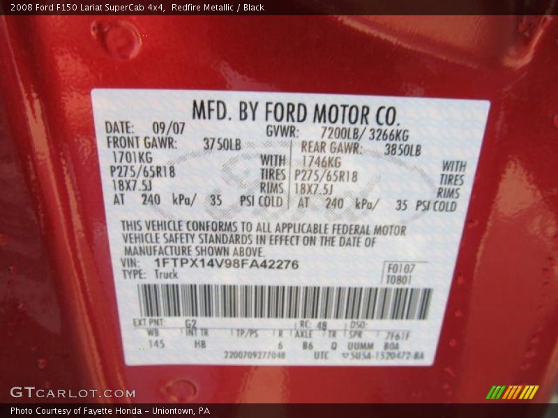 2008 F150 Lariat SuperCab 4x4 Redfire Metallic Color Code G2