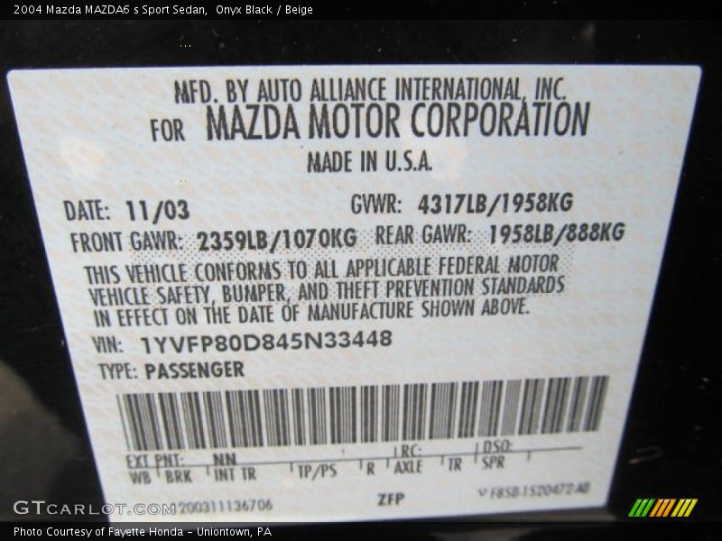 2004 MAZDA6 s Sport Sedan Onyx Black Color Code NN