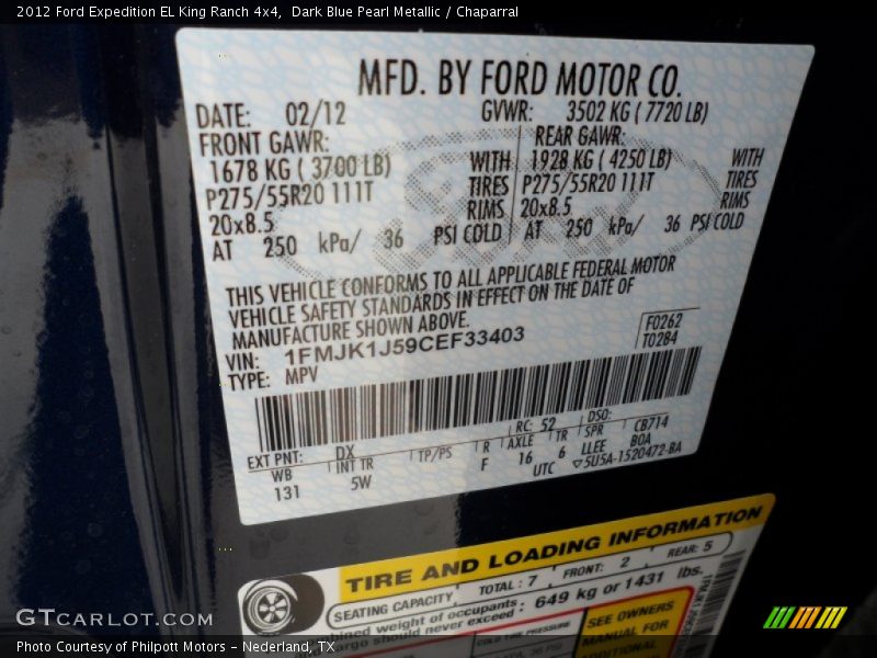 2012 Expedition EL King Ranch 4x4 Dark Blue Pearl Metallic Color Code DX