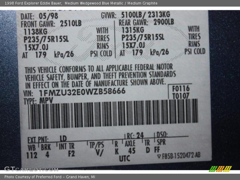 1998 Explorer Eddie Bauer Medium Wedgewood Blue Metallic Color Code LD