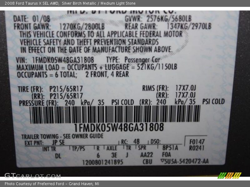 2008 Taurus X SEL AWD Silver Birch Metallic Color Code JP