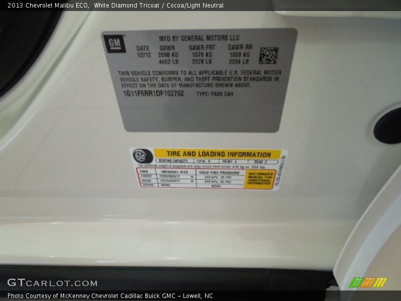 White Diamond Tricoat / Cocoa/Light Neutral 2013 Chevrolet Malibu ECO