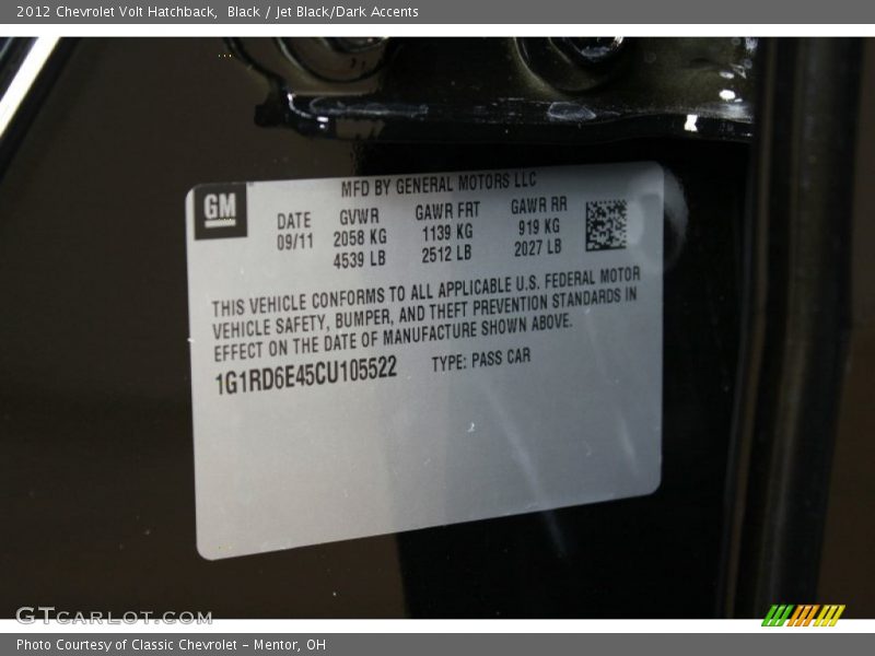 Info Tag of 2012 Volt Hatchback