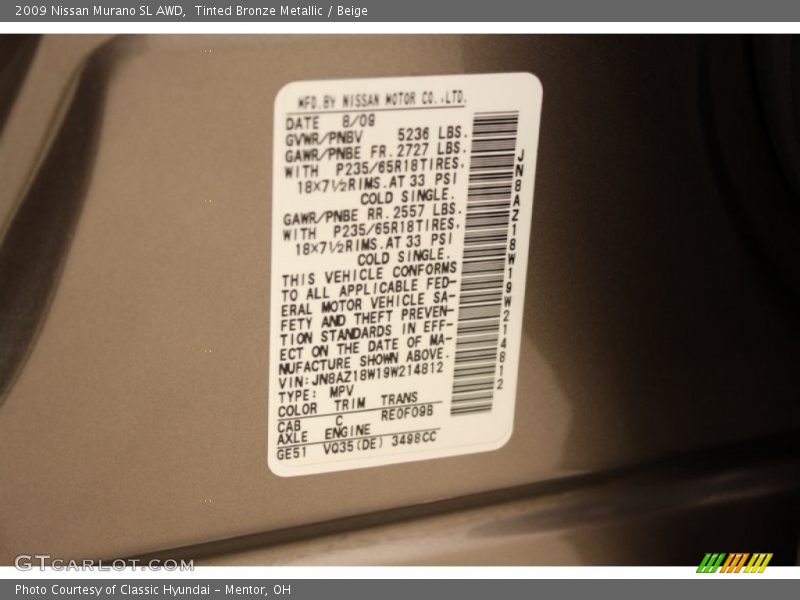 Tinted Bronze Metallic / Beige 2009 Nissan Murano SL AWD