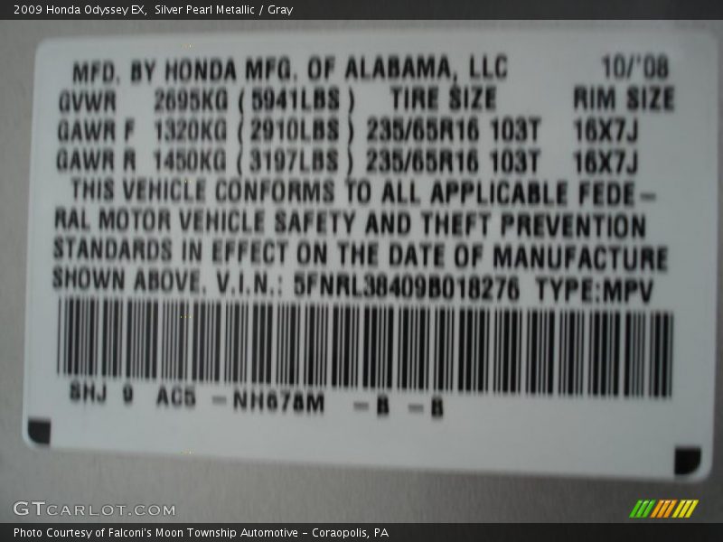 Silver Pearl Metallic / Gray 2009 Honda Odyssey EX