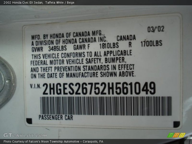 Taffeta White / Beige 2002 Honda Civic EX Sedan
