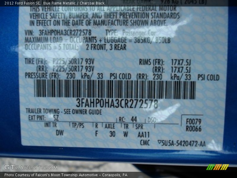 Blue Flame Metallic / Charcoal Black 2012 Ford Fusion SE